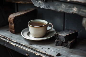 a cup of coffee and a piece of black bread on a gray battered board - Powered by Adobe