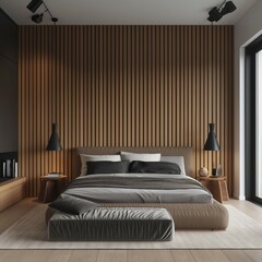 Cozy bed and wooden blank wall, modern bed boho style home interior