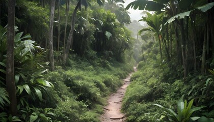 A rugged trail leading through dense tropical vege upscaled 3