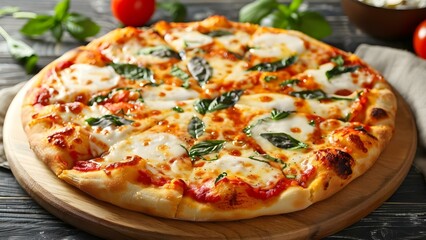 Authentic Margherita Pizza on a Round Wooden Board on a White Background. Concept Food Photography, Margherita Pizza, Wooden Background, White Background