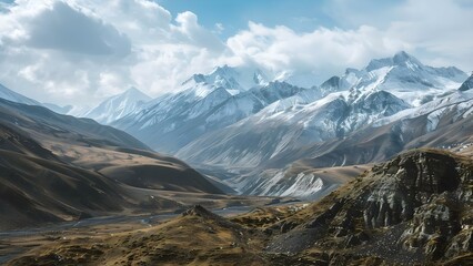 Fototapeta premium Mountains lose snow exposing climate change scars on rugged terrain backdrop. Concept Mountain Depiction, Climate Change Awareness, Snow Melting Impact, Nature's Vulnerability