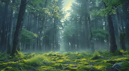 Obraz premium Towering trees and mossy undergrowth. Generative AI.