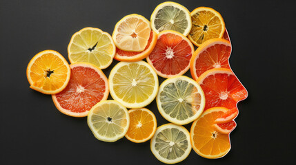 a conceptual photo of a skin outline adorned with slices of mango, papaya, and guava, representing the skin-brightening and rejuvenating effects of tropical fruits.