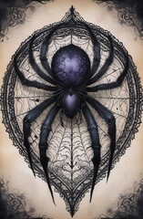 dark spider sitting at center of ornate lace-like spider web against beige background. concepts: Halloween decorations, Gothic art, book cover for horror, mystery or fantasy genres, darker theme