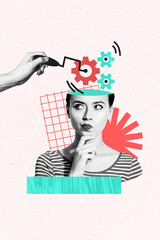Vertical photo collage of minded girl instead brain gears brainstorm process optimization hand...