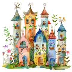 houses, greenery, climbing vines, colorful watercolor storybook illustration on white background