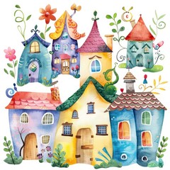 houses, greenery, climbing vines, colorful watercolor storybook illustration on white background