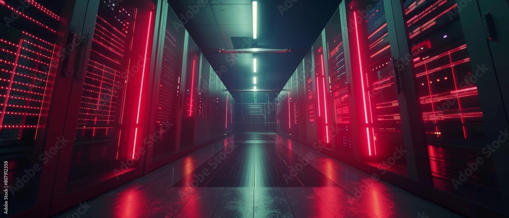 Poster image of a modern data center with multiple rows of operational server racks. modern supercomputer c
