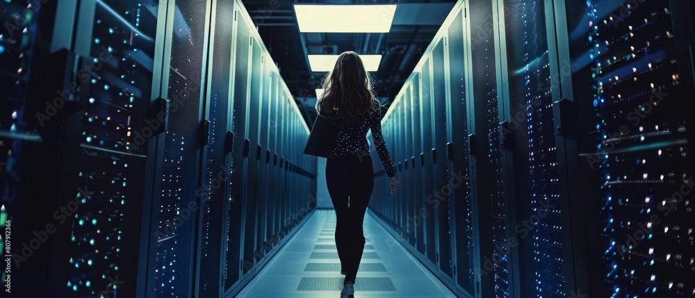 Poster an it specialist in a modern high-tech telecommunications operating data center walks along the row 
