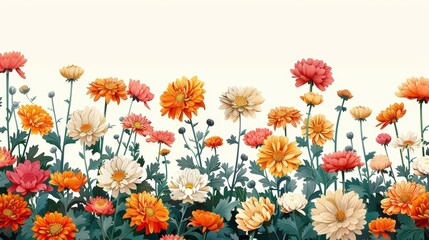 illustration of chrysanthemum flowers in various shades of red, orange, yellow, and white, arranged in a row from left to right