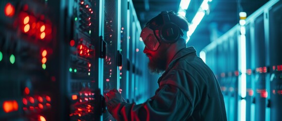 Data Center: IT Engineer Wearing Protective Muffs Installs New Hardware for Server Rack. Specialist Operating Diagnostics, Updating Hardware and Maintaining a System for Stable Functioning.
