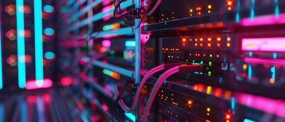 Fototapeta premium Blinking LED lights, fiber optic cables, hardware equipment in a data center: close-up shot.