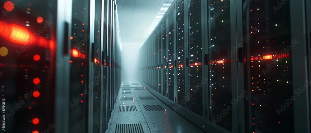 Poster a large data center with several rows of fully operational server racks. concept for modern telecomm