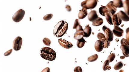 Close-up of roasted brown coffee beans scattered on a white background