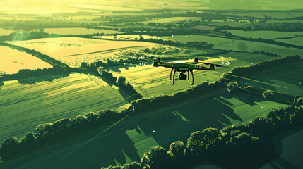 a depiction of agricultural drones equipped with lidar sensors mapping out terrain and topographical features of farmland, aiding in land management and crop planning decisions