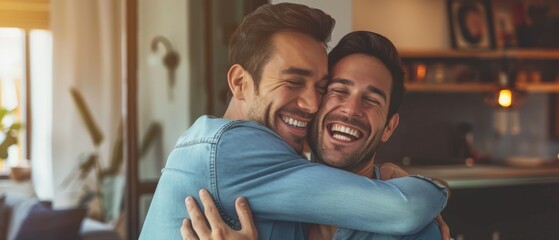 A cute and attractive gay couple at home. A smiling couple is hugging and embracing one another....