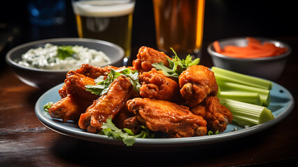 A plate of spicy buffalo wings with celery sticks and a small bowl of blue cheese dressing for dipping
