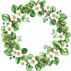 wreath green leaves and white flowers, white background