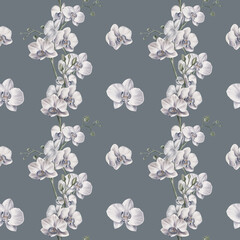 White orchid flowers in a seamless pattern with orchid branches and individual flowers on a grey background. Tropical plants. Watercolor illustration. For cloth, tablecloth, silk scarf, stoles.
