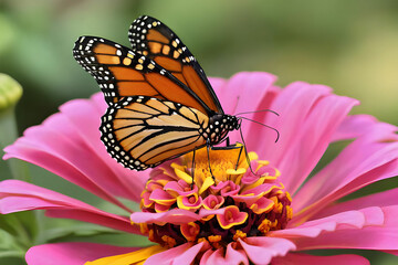 Beautiful Monarch butterfly sitting on top of pink and yellow Zinnia flower. Butterfly on Flower.