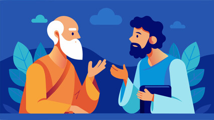 A respectful exchange between two stoic thinkers on the importance of living in the present moment.. Vector illustration