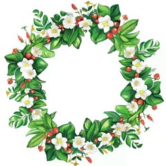 wreath green leaves and white flowers, white background