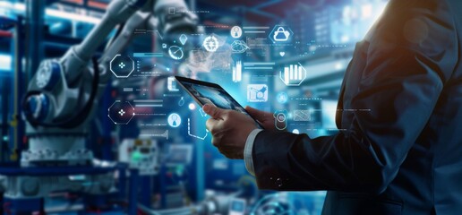 A businessman is using an iPad to control robotic arms in the factory, with digital and technological icons floating above them