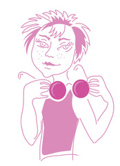 Face of a girl with pink hair  and round pink glasses