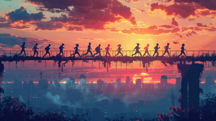 Fototapeta premium a depiction of silhouetted runners crossing a bridge during a dawn marathon, their figures outlined against the backdrop of the awakening city, symbolizing the resilience