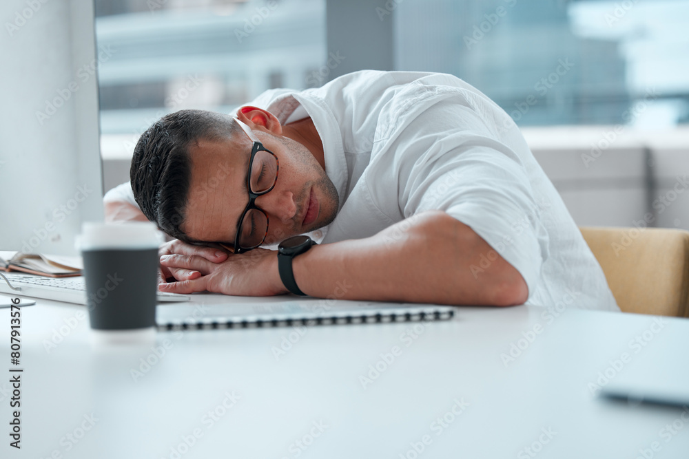 Poster sleep, businessman and tired by computer for work, job and task for digital career. fatigue, profess