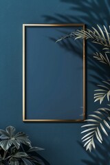 Gold frame with tropical plants on blue wall, minimalistic botanical decor, modern interior style, for art mockup, wall decor, or home design inspiration