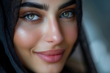 Close-up portrait of a Middle Eastern woman with captivating blue eyes and a warm smile in soft lighting