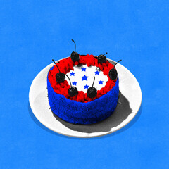 Poster. Contemporary art collage. Sweet delicious cake decorated as USA flag against vibrant blue...
