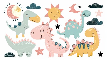 Cute dinosaurs in a boho style for baby room decoration. Isolated on white background, pastel icons of cute dinos on a moon, sun, clouds and stars.