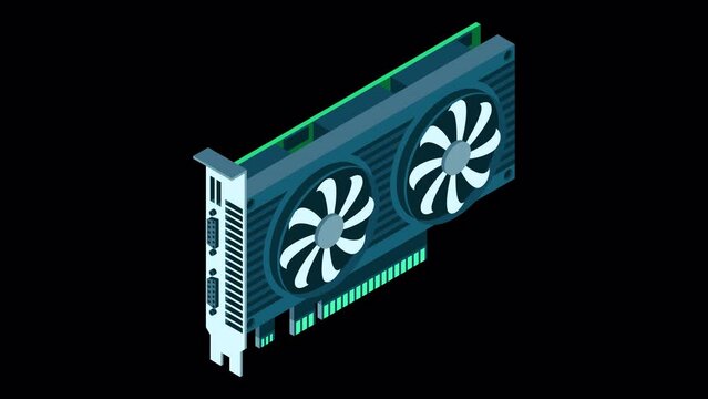 3d isometric video graphic card animation. Isometric of device graphic card. Personal computer hardware component. Transparent background with alpha channel