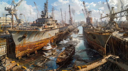 a panoramic view of a shipyard, with dry docks and gantry cranes towering over vessels in various stages of construction and repair, illustrating the maritime industry's role 