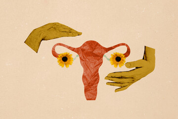 Creative image collage human hands sunflower blossoms natural plant flora drawing background...