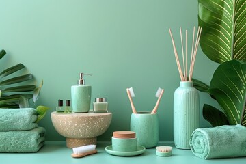 Obraz na płótnie Canvas vibrant green bathroom accessories array on a pastel background. harmonious arrangement, clean design feel for bathroom decor