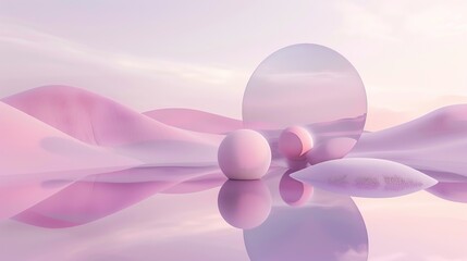 surreal landscape with a large pink sphere in the foreground and a smaller pink sphere in the background