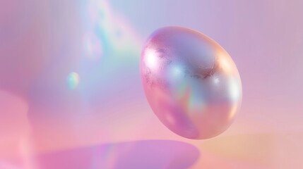 Close-up of a levitating, iridescent pearl with a glowing, rainbow-colored light reflecting on a pink background.