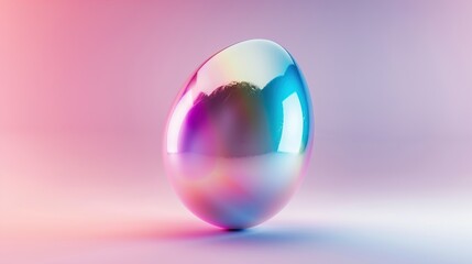 Obraz premium A shiny iridescent egg is sitting on a table. The background is a gradient of pink and blue. The egg is reflecting the light.