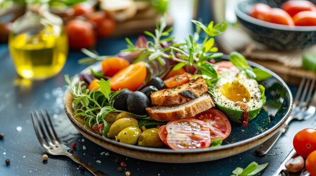 Close up of a colorful plate of various French foods including Nicoise Salad