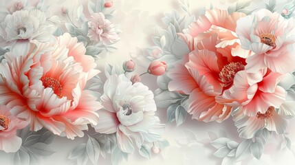 illustration of peony flowers in various shades of pink and white, with a white flower in the foreground