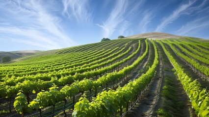 Vineyard on sunny hills with neatly aligned rows of vines creating depth. Concept Vineyard, Sunny Hills, Neat Rows, Vines, Depth