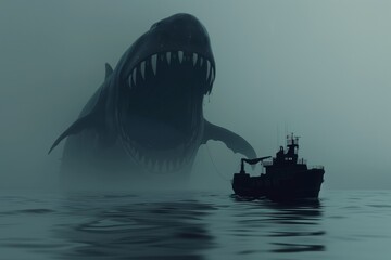 illustration of a sea monster and a fishing vessel