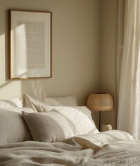  A closeup shot of the bed in an elegant bedroom, featuring beige walls and a vintage-inspired lamp on one side