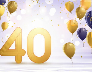 Number 40 celebration golden balloons, confetti and ribbons. Vector Illustration with copy space. 