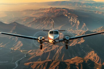 A small propeller plane flying above a mountain range during sunrise, illuminated by early morning light - Powered by Adobe