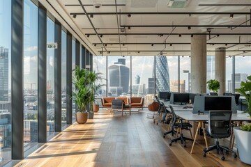 Spacious open-plan office with large windows offering a view of the city skyline, filled with natural light