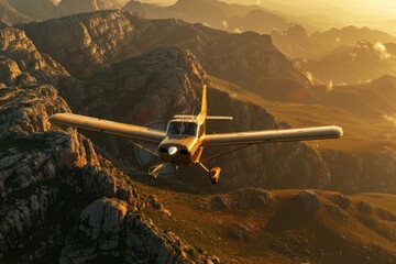 A small propeller plane flies above a mountain range at sunrise, illuminated by the early morning...